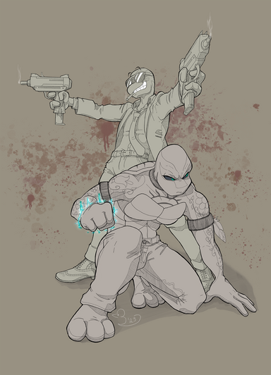 My character, Ishkode, crouching with a friend's character, Oli, standing behind him with twin guns.